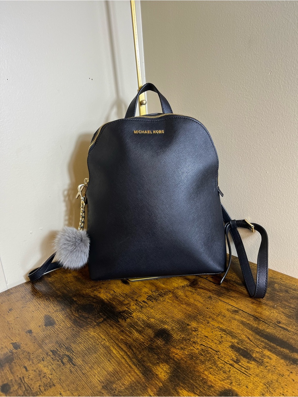 Michael Kors Black Saffiano Backpack with Gray Pom Charm